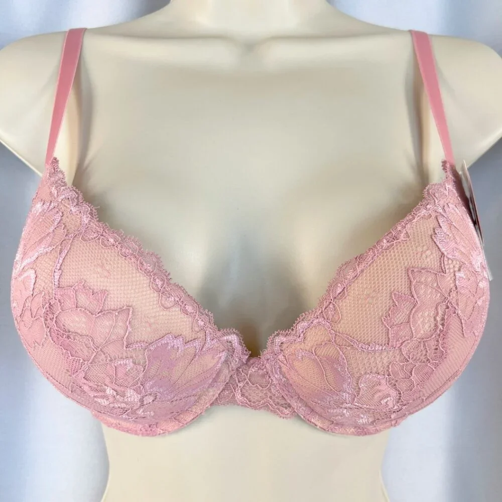 VS Bombshell Inspired Adds 2 Cups Ultimate Pushup Bra 34C Pink Nude Lace - Picture 2 of 6
